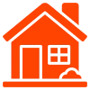 Orange house icon on black background.